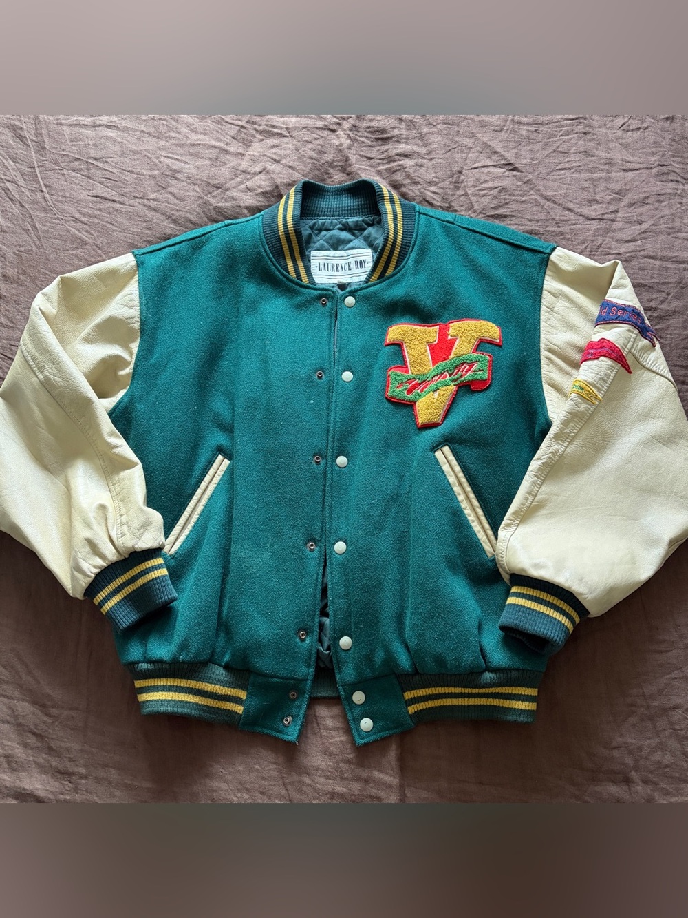 Green & Cream Varsity Letterman Jacket with 'V' Patch